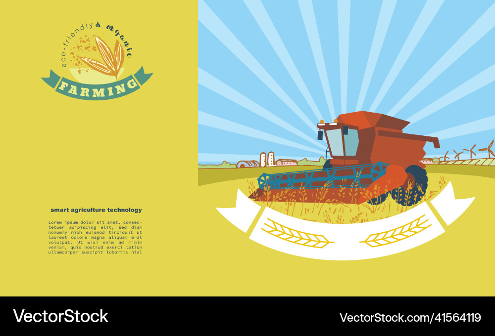 Combine harvester in a field with wheat template Combine harvester in a field with wheat template Vector Image