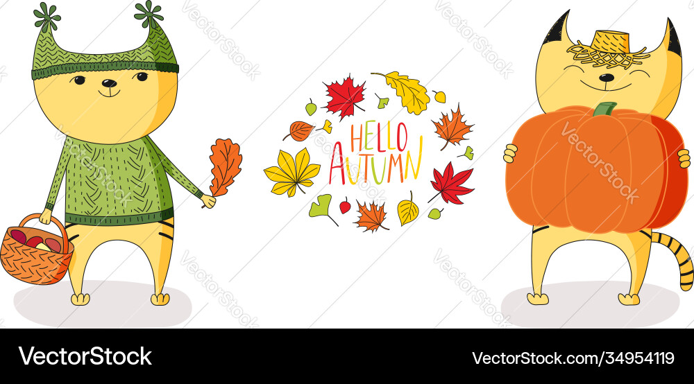 Cute cats in autumn with leaves and quote Cute cats in autumn with leaves and quote vector image