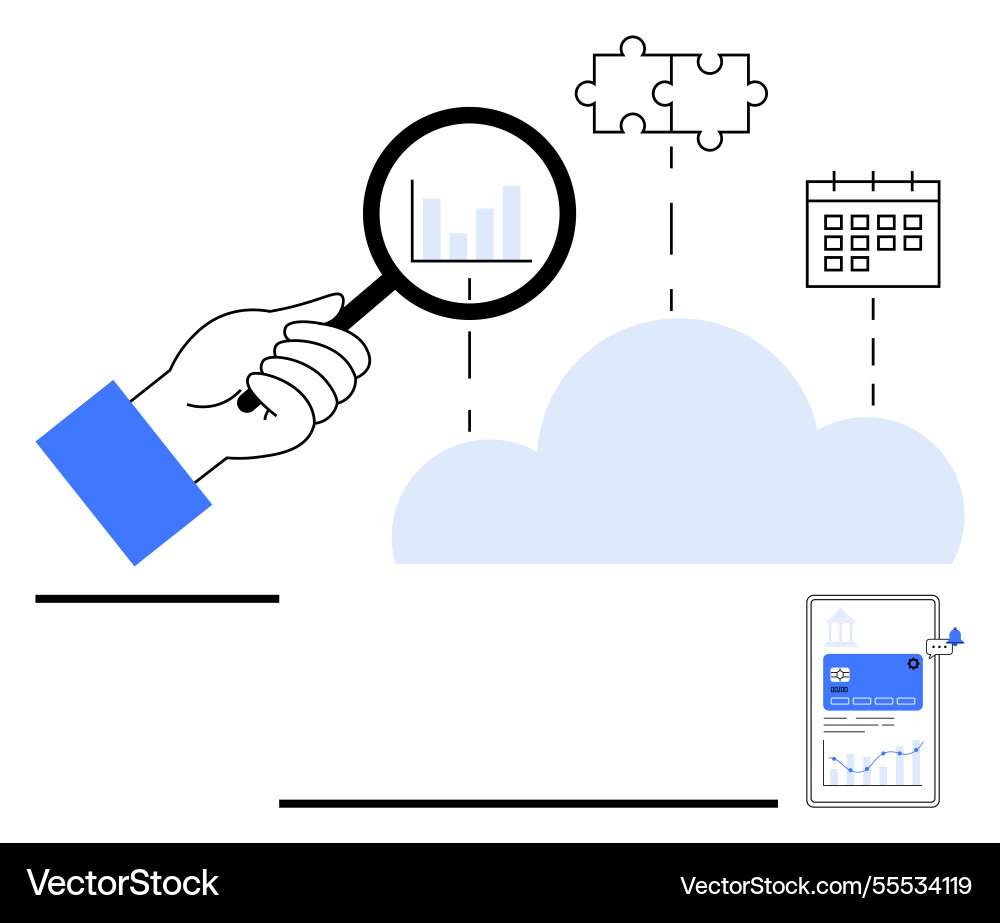 Hand with magnifying glass examining data linked Hand with magnifying glass examining data linked vector image