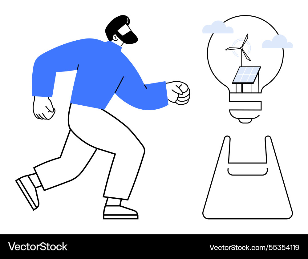 Man running toward lightbulb with wind turbine Vector Image