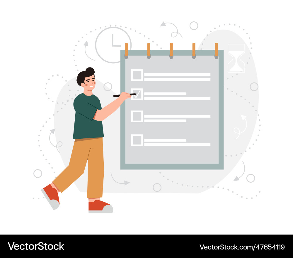 Man standing near big notebook and making notes Vector Image