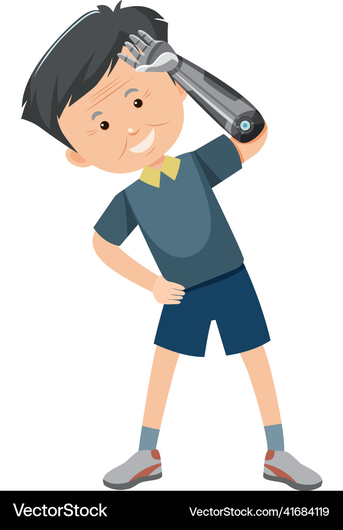 Old man with robot hand doing exercise Old man with robot hand doing exercise vector image