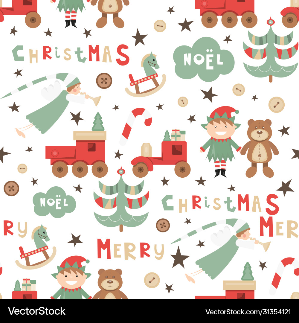 Cute Christmas Pattern - Angels, Elves & Toys vector image