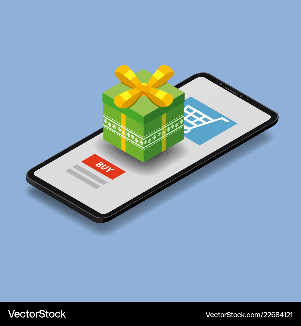 Isometric smartphone with green gift box online Isometric smartphone with green gift box online vector image