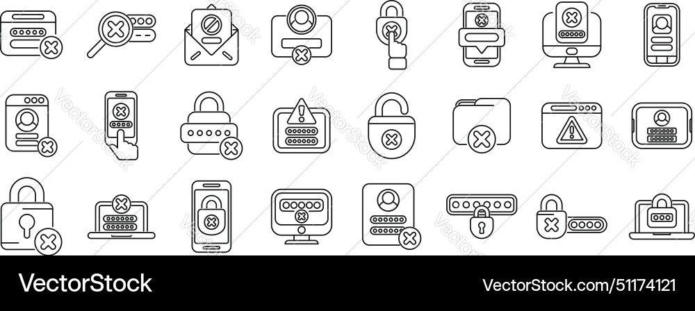 Wrong password icons set outline lock key vector image