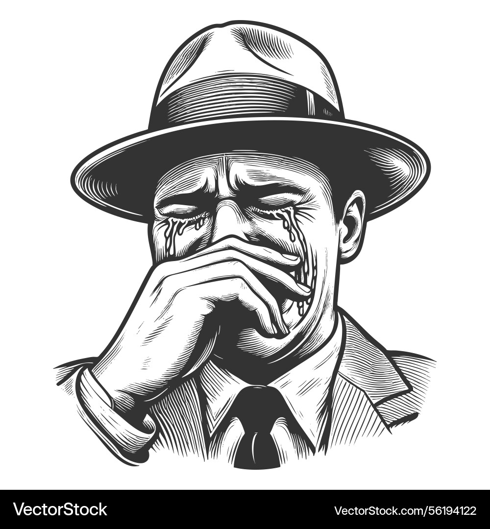 Crying man in hat engraving Crying man in hat engraving vector image