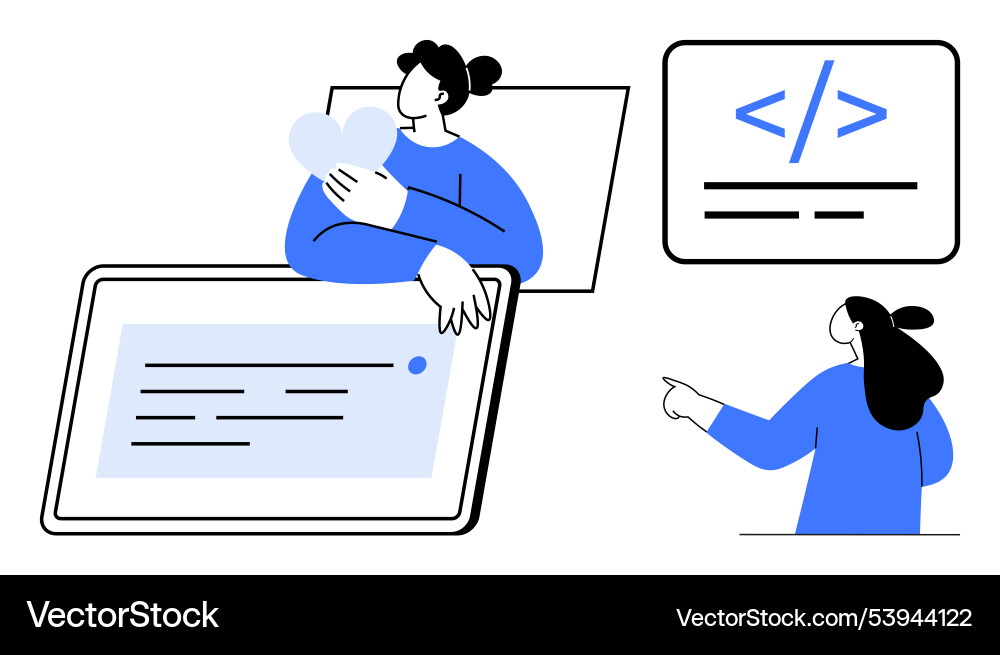People with large screen pointing at code symbol People with large screen pointing at code symbol vector image