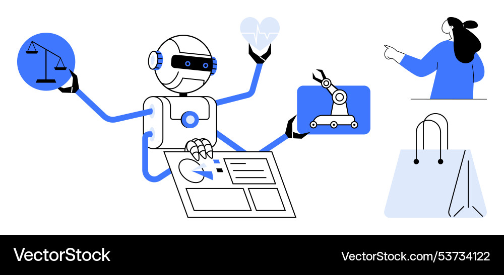 Robot managing tasks with balance in technology Robot managing tasks with balance in technology Vector Image
