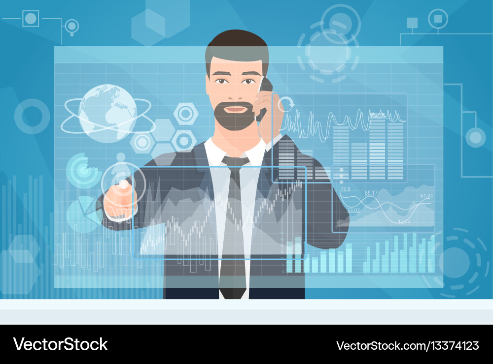 Businessman working using virtual media interface vector image
