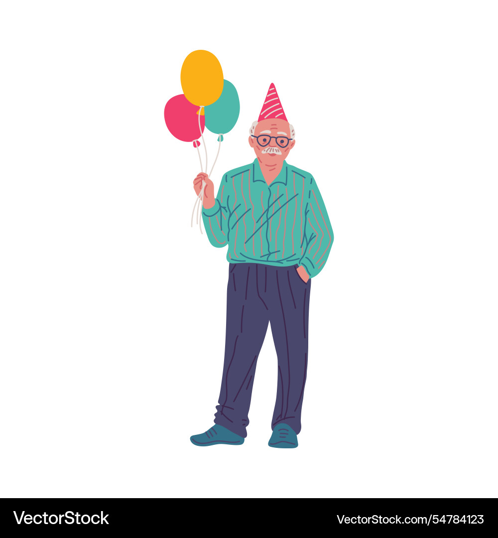 Glücklicher alter Mann im festlichen Hut mit Ballons Glücklicher alter Mann im festlichen Hut mit Ballons vektorbild