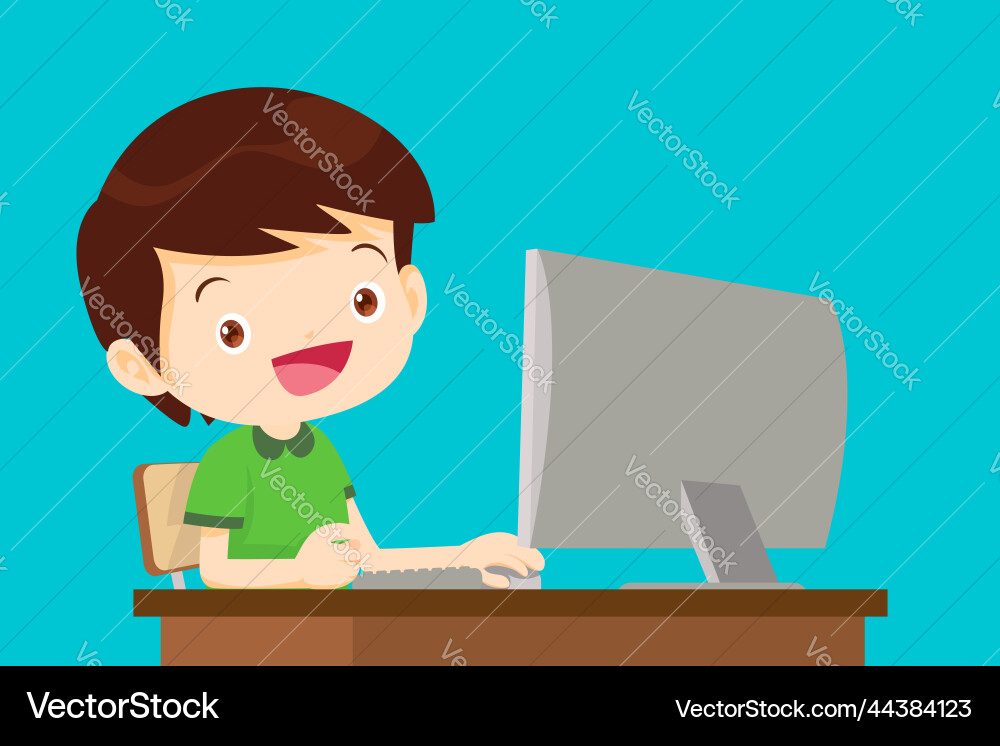 Student boy working with computer Student boy working with computer vector image