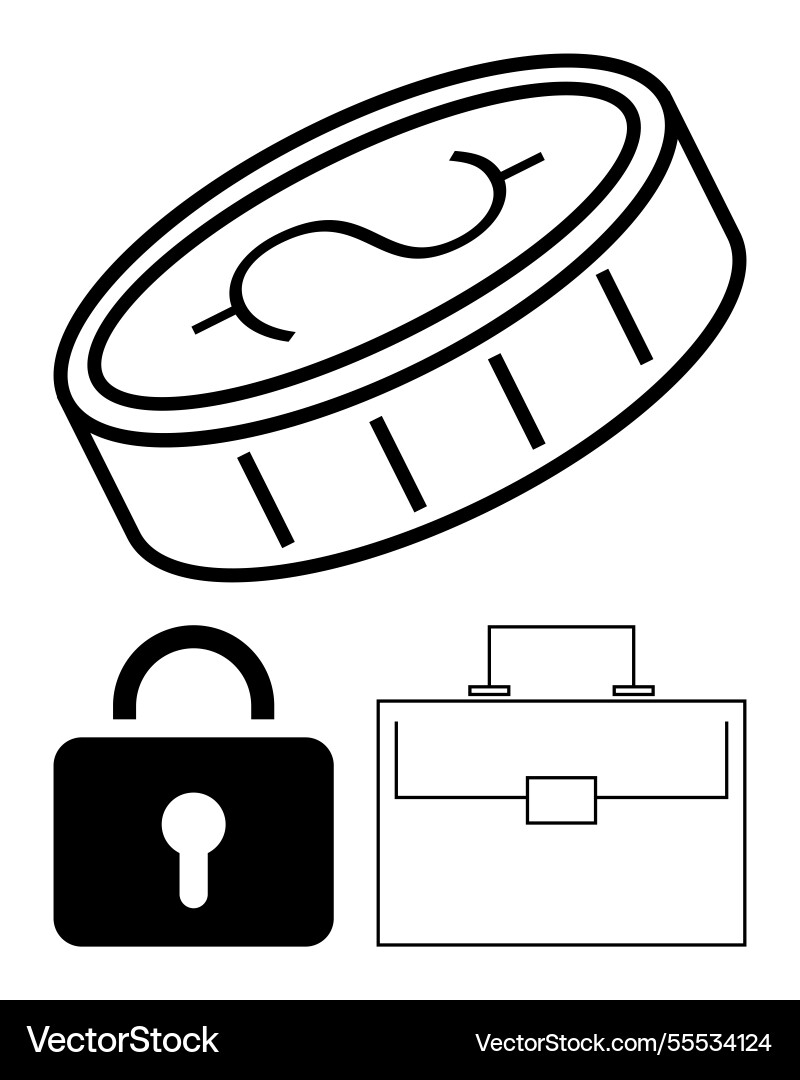 Coin with lock and briefcase emphasizing secure Coin with lock and briefcase emphasizing secure vector image