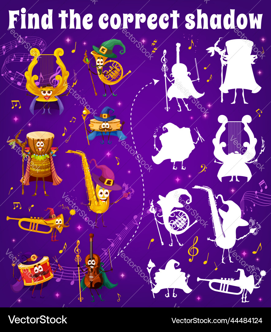 Find correct shadow game with musical instruments Find correct shadow game with musical instruments vector image