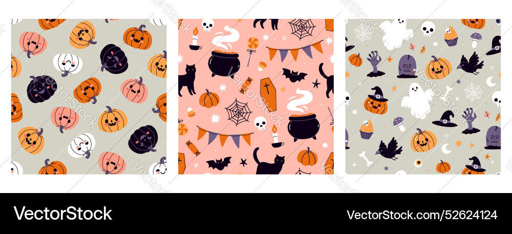 Set of seamless patterns with halloween items Set of seamless patterns with halloween items vector image