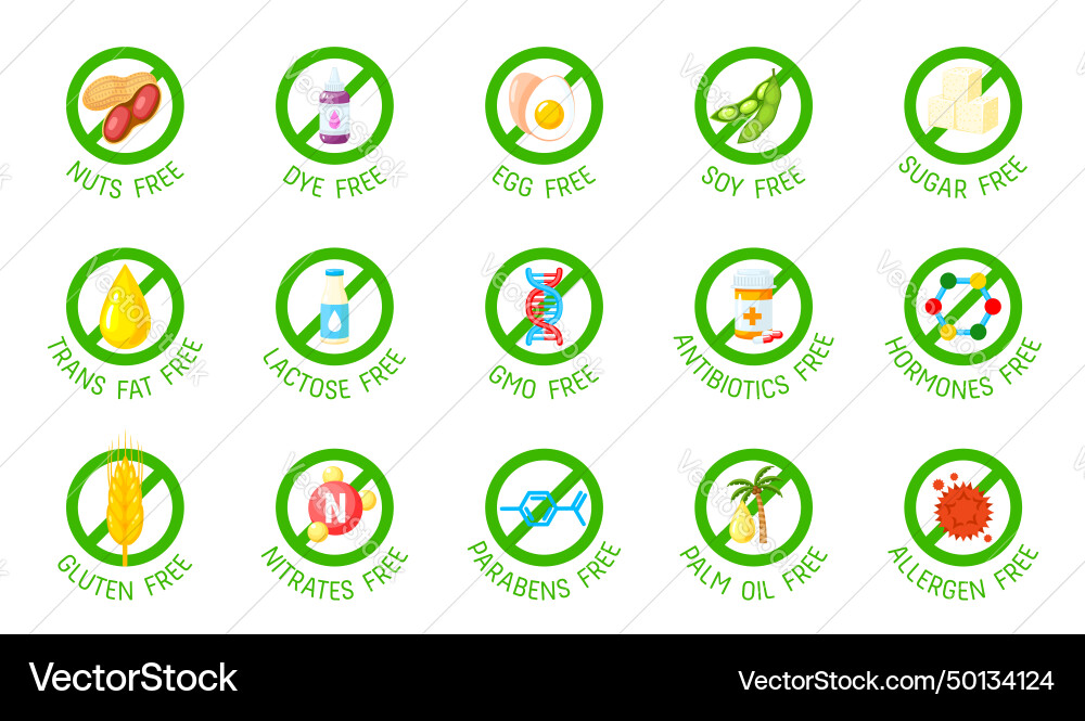 Sugar gluten gmo lactose free icons and symbols Sugar gluten gmo lactose free icons and symbols vector image
