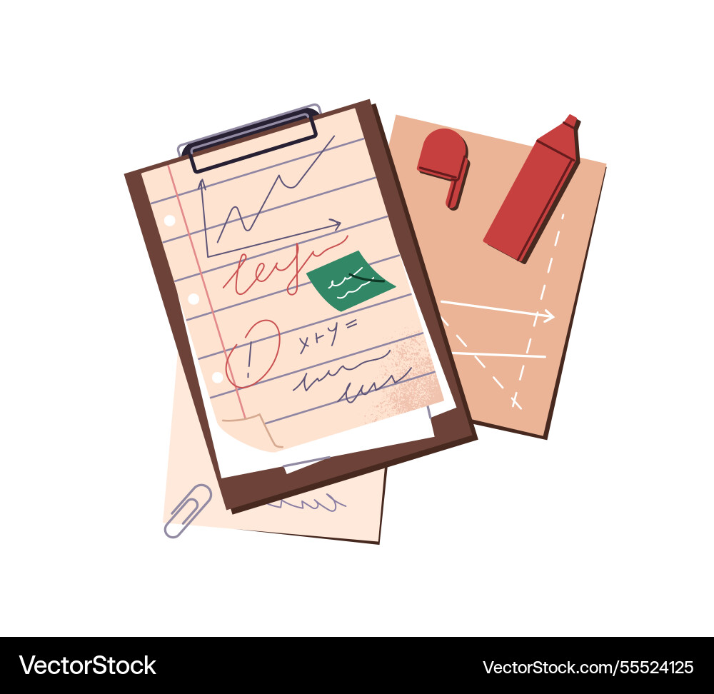 Clipboard with writings on paper sheets and open Clipboard with writings on paper sheets and open vector image