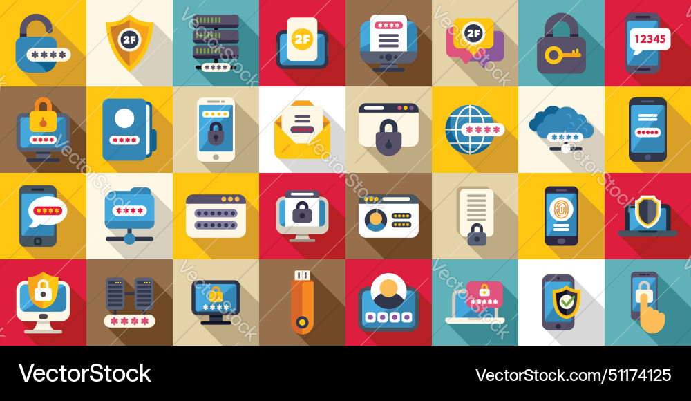 Multi factor authentication icons set flat Multi factor authentication icons set flat vector image