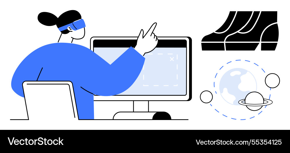 Person using vr headset and computer with graph Person using vr headset and computer with graph vector image