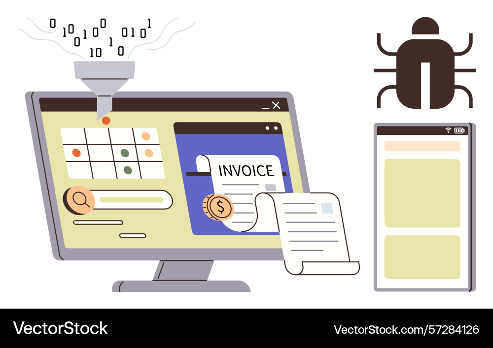 Computer analyzing data with invoice processing Computer analyzing data with invoice processing vector image