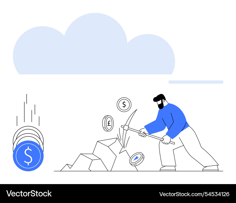 Man mining cryptocurrency with pickaxe under cloud Man mining cryptocurrency with pickaxe under cloud vector image
