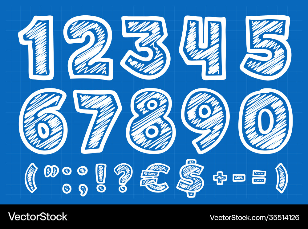 Numbers set with extra characters on blueprint Numbers set with extra characters on blueprint Vector Image