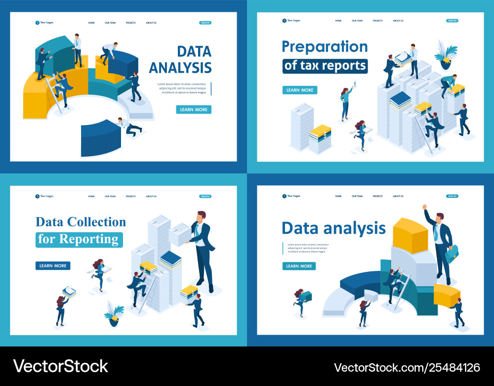Set isometric concept data collection and report vector image