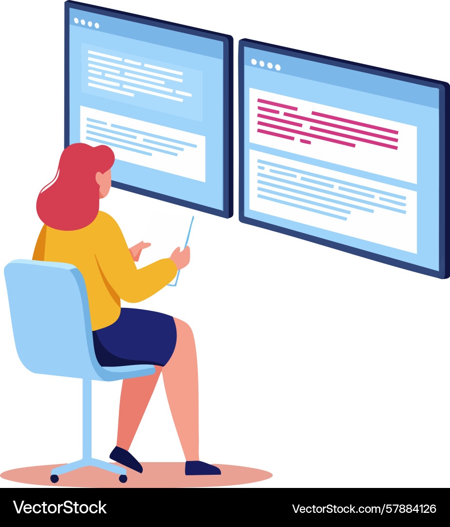 Woman working on dual computer screens coding vector image