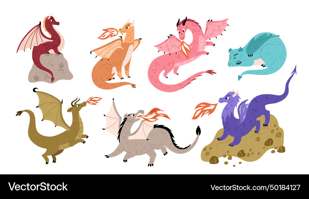 Cartoon magic dragons fairy tale monsters Cartoon magic dragons fairy tale monsters vector image