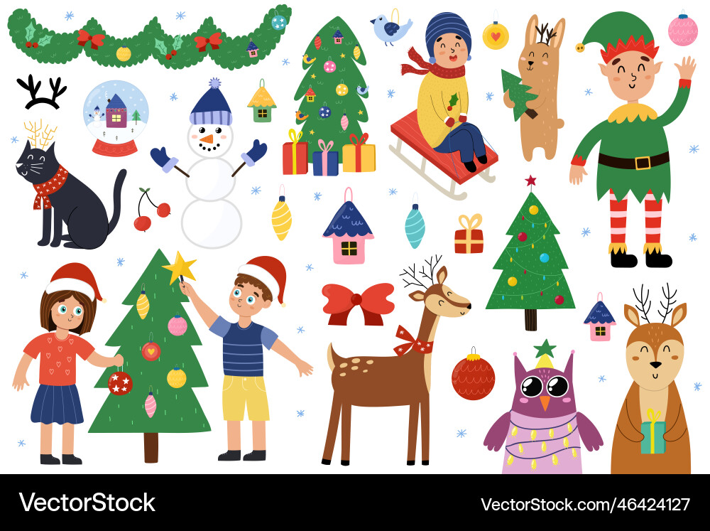 Cute christmas elements set doodle winter objects Cute christmas elements set doodle winter objects vector image