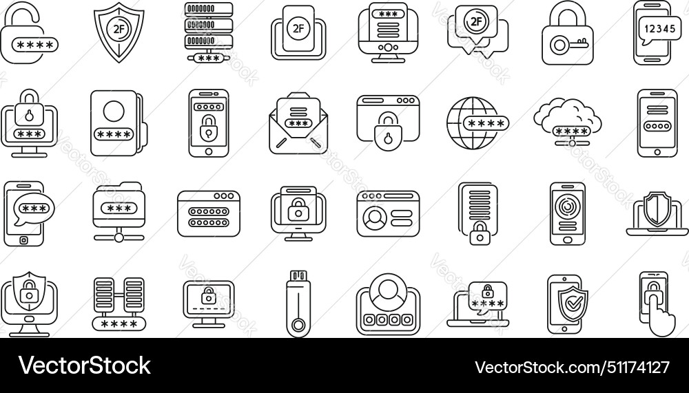 Multi factor authentication icons set outline Multi factor authentication icons set outline vector image