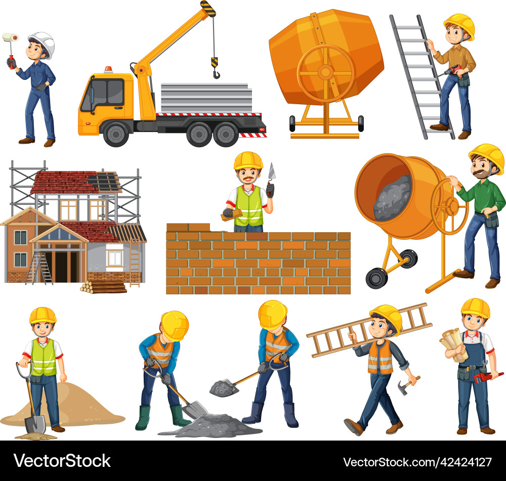 Set of construction site objects and workers Vector Image