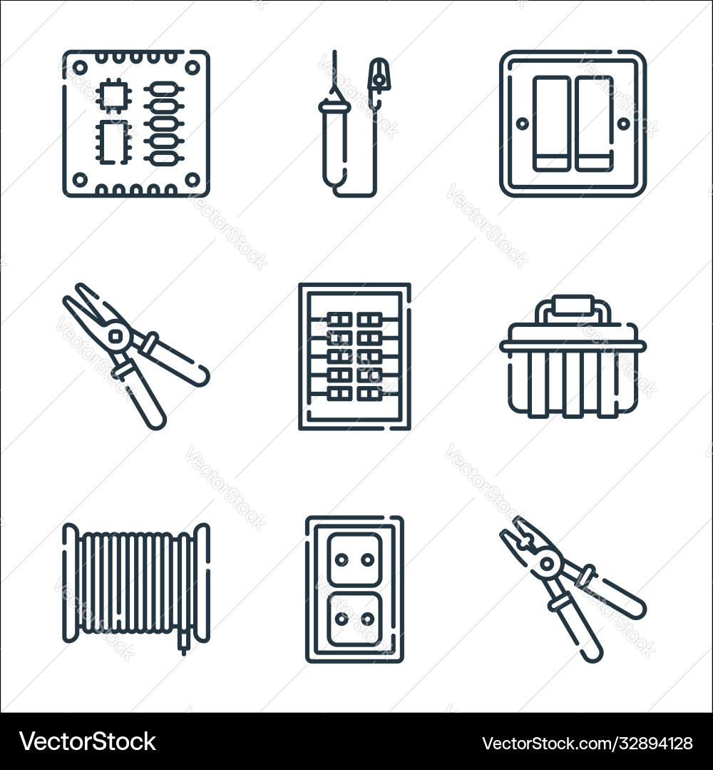 Electrician tools and line icons linear set vector image