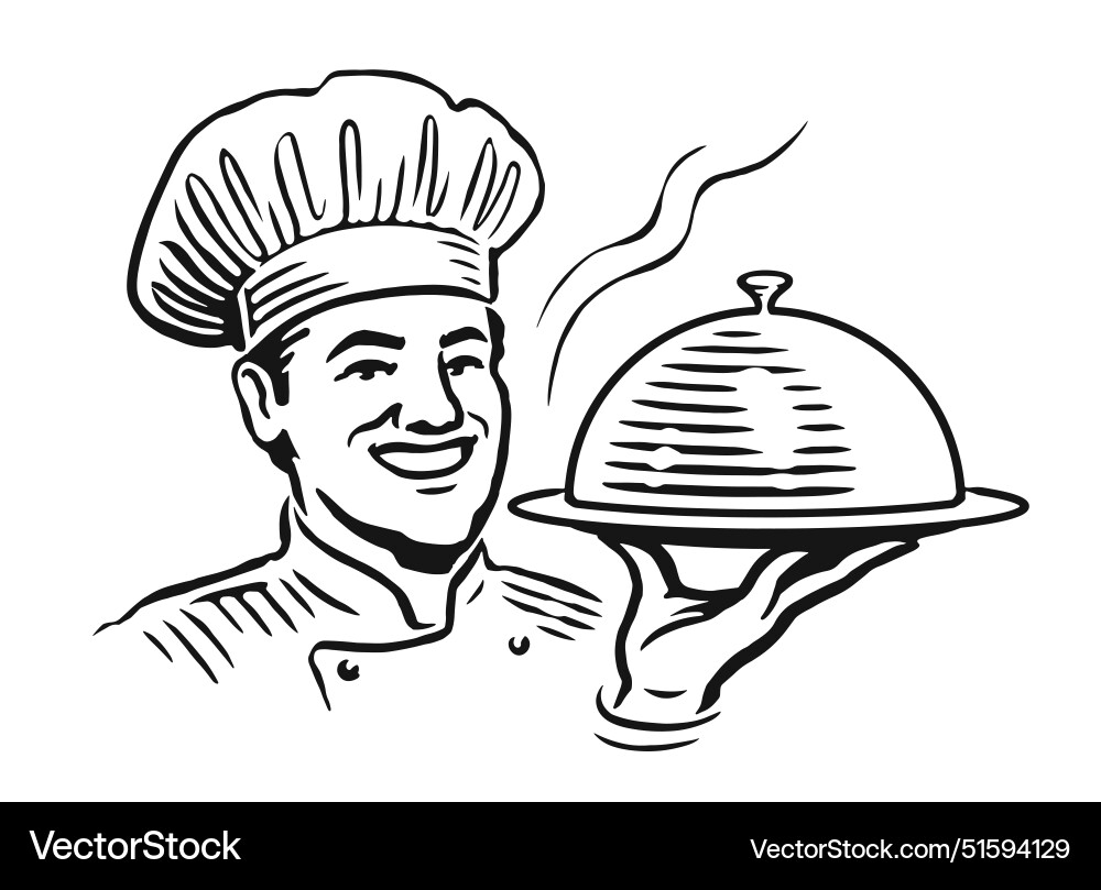 Happy chef cook in hat holding tray Royalty Free Vector