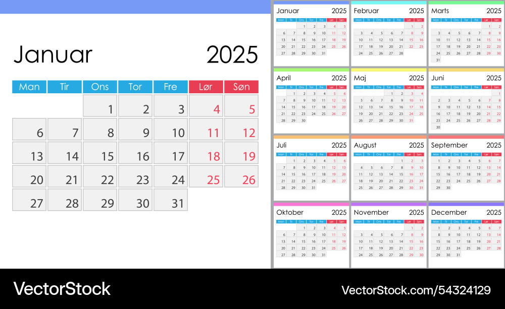 Kalender 2025 auf dänische Sprache Woche starten Kalender 2025 auf dänische Sprache Woche starten vektorbild