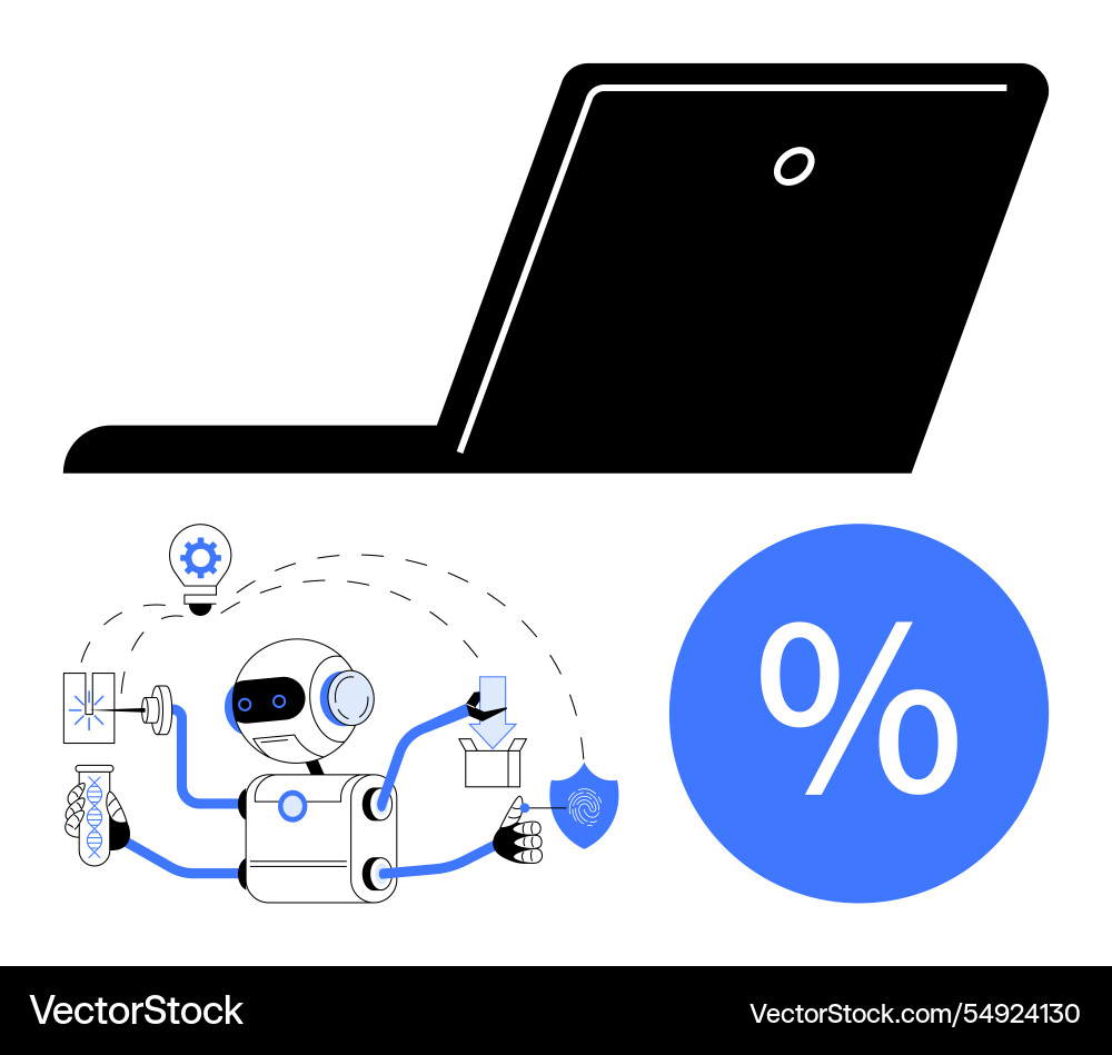 Ai Roboter arbeiten an mehreren Aufgaben mit Laptop Ai Roboter arbeiten an mehreren Aufgaben mit Laptop vektorbild