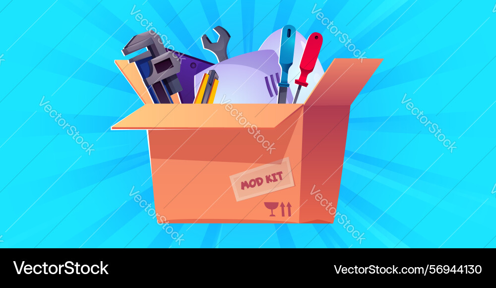 Open cardboard box with tool collection mod kit Open cardboard box with tool collection mod kit vector image