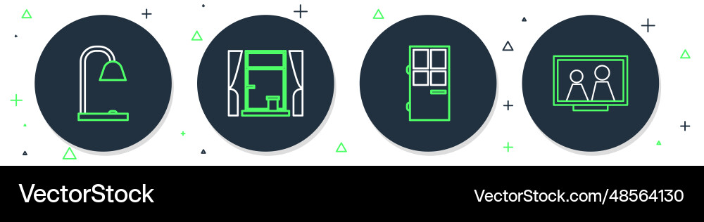 Set line window with curtains closed door table Set line window with curtains closed door table Vector Image