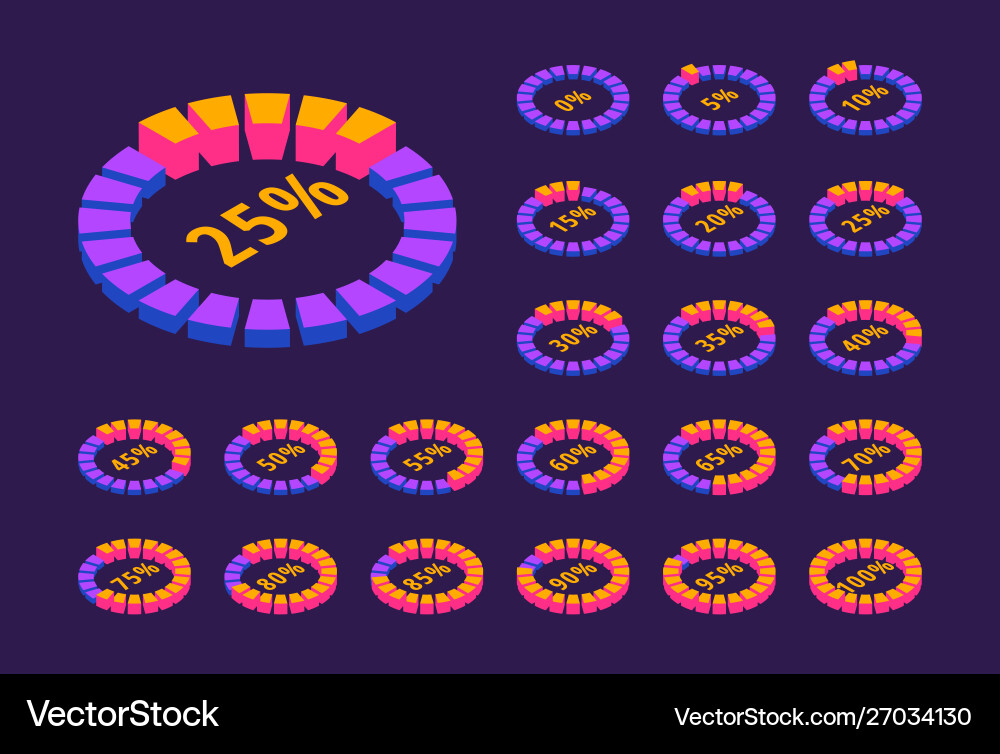 Set neon circular progress loading bar isometric Set neon circular progress loading bar isometric vector image