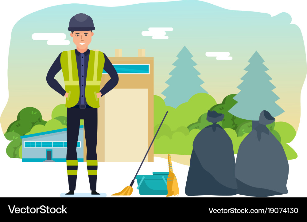 Worker collects garbage for further processing vector image