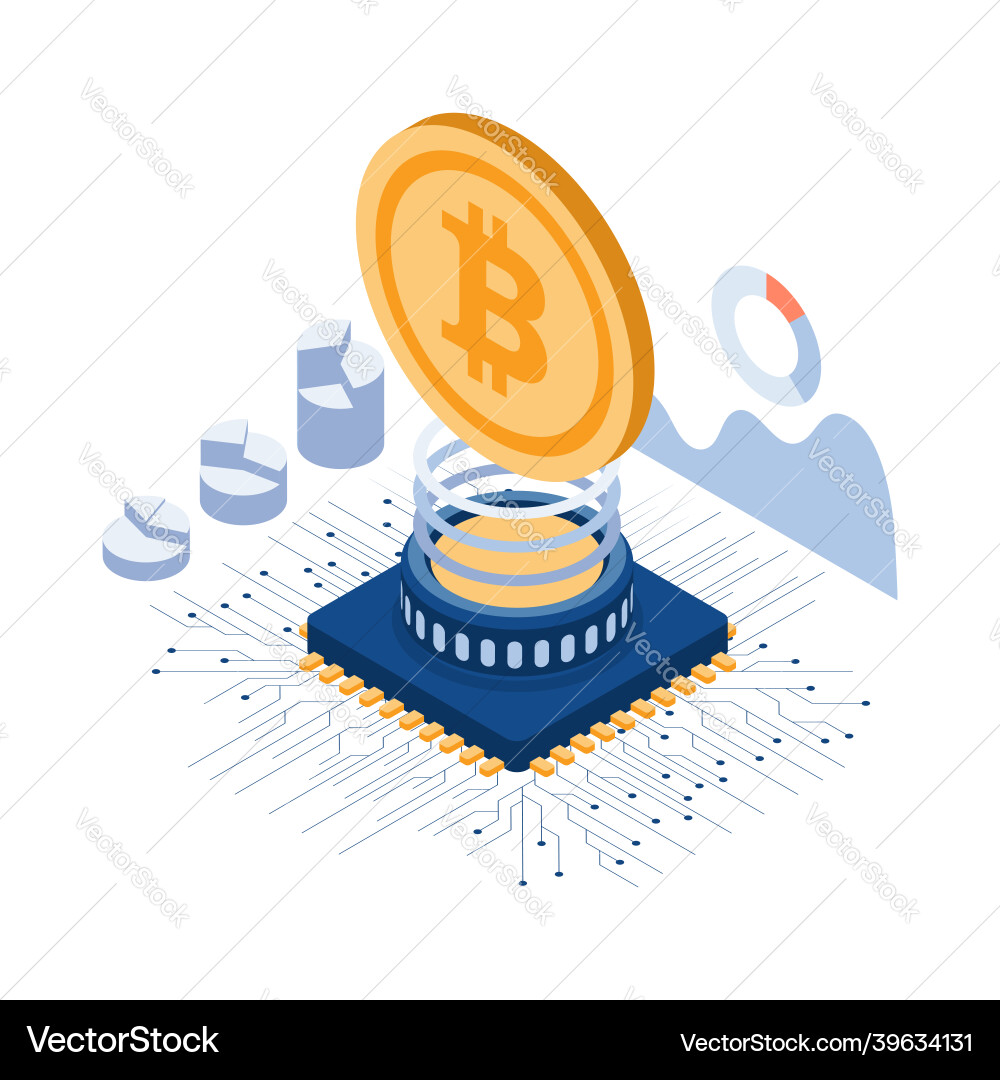 Isometric bitcoin over the computer chip Isometric bitcoin over the computer chip vector image
