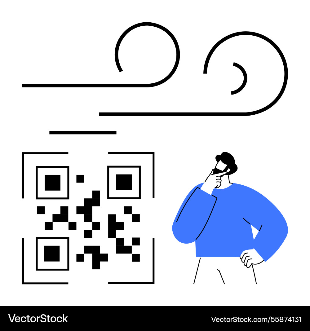 Man contemplating qr code with swirling lines Man contemplating qr code with swirling lines vector image
