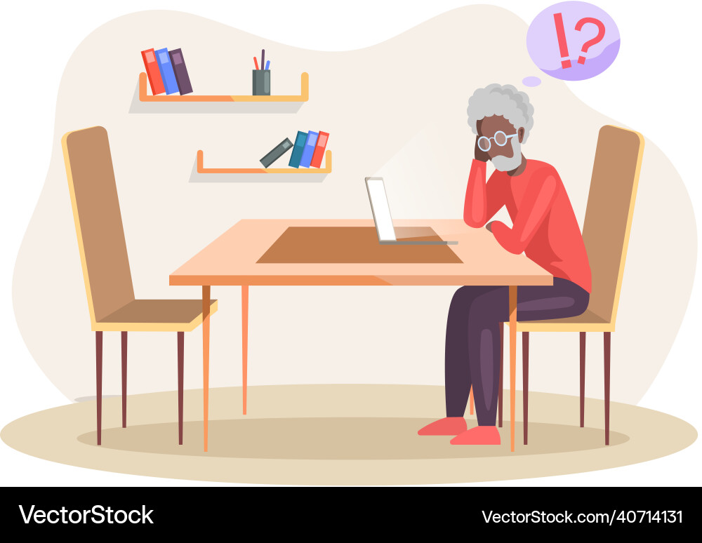 Old man sitting with computer is confused Old man sitting with computer is confused vector image