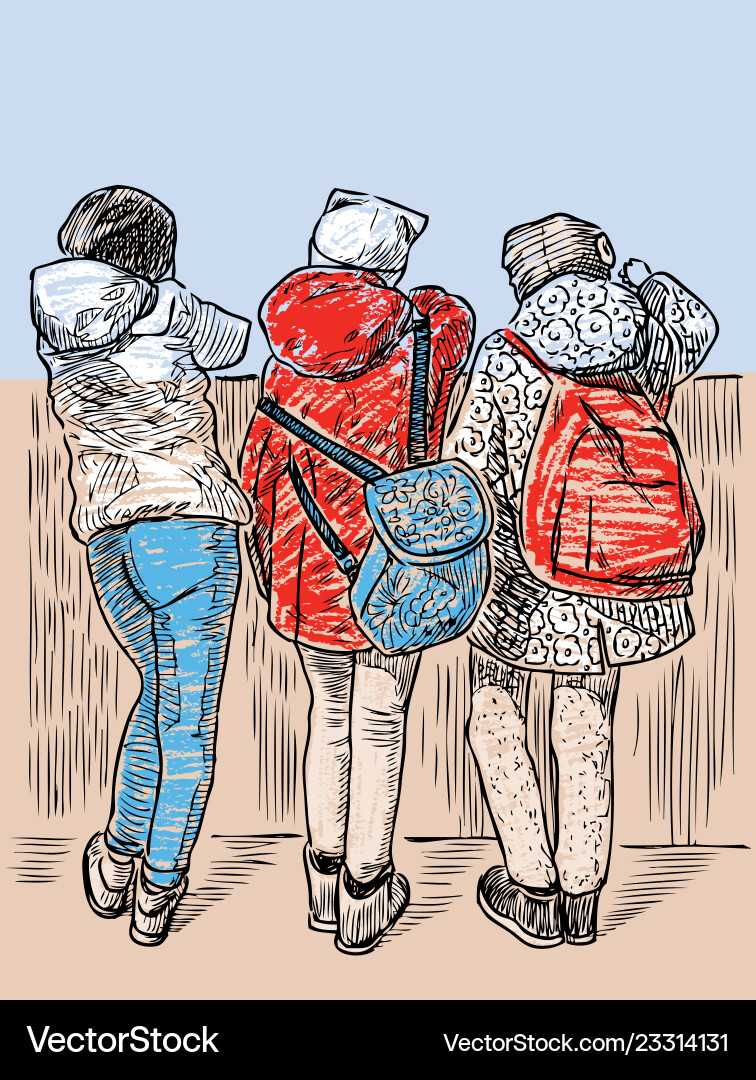 School girlfriends having a rest on quay Vector Image