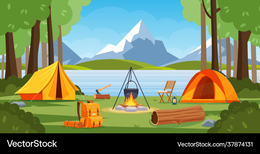 Sommerlager im Wald mit Lagerfeuerzelt Rucksack Sommerlager im Wald mit Lagerfeuerzelt Rucksack vektorbild