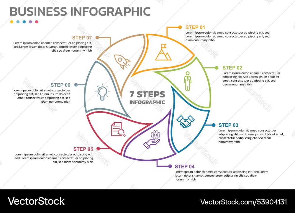 Visual data presentation cycle diagram with 7 Visual data presentation cycle diagram with 7 vector image