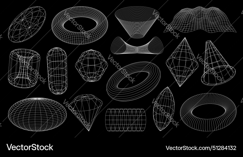 3d wireframe shapes brutal tech grids retro mesh 3d wireframe shapes brutal tech grids retro mesh vector image