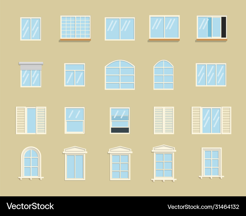 Flat style collection various windows types Flat style collection various windows types vector image