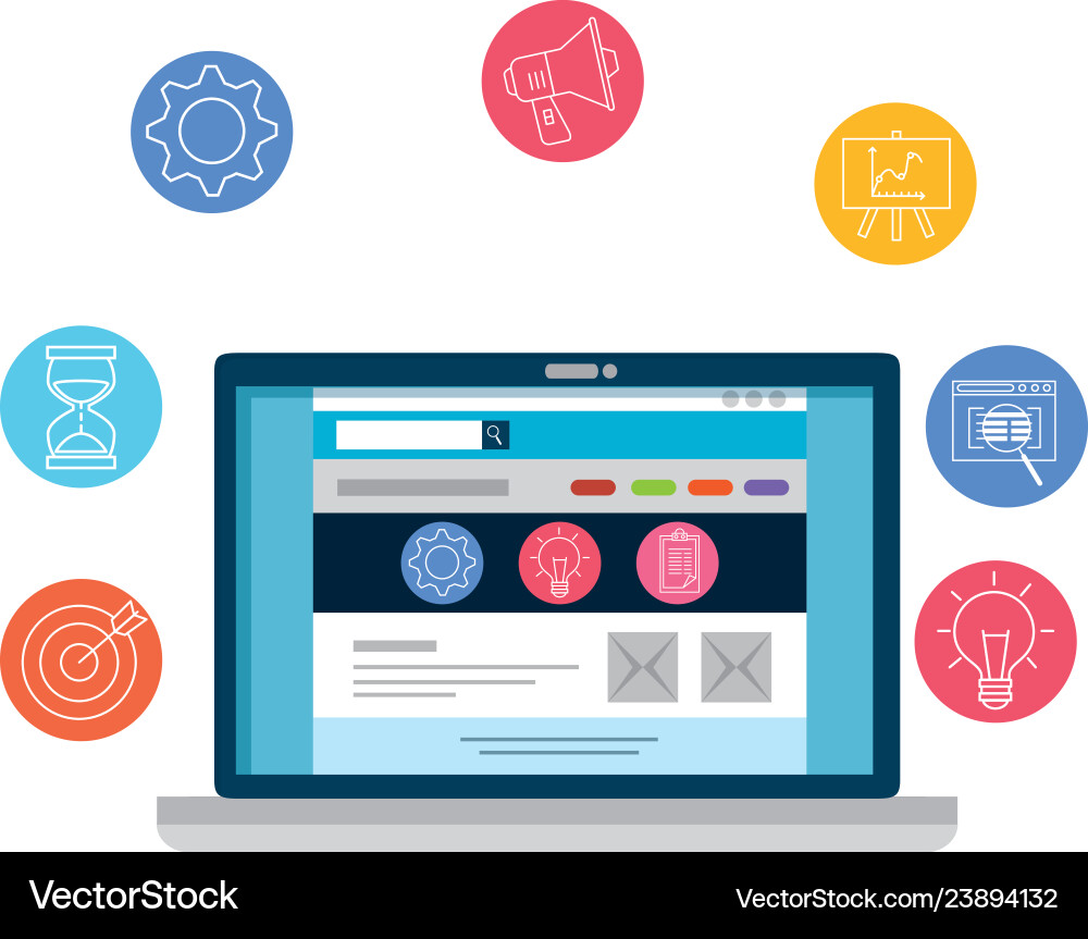Laptop computer with business set icons Laptop computer with business set icons vector image