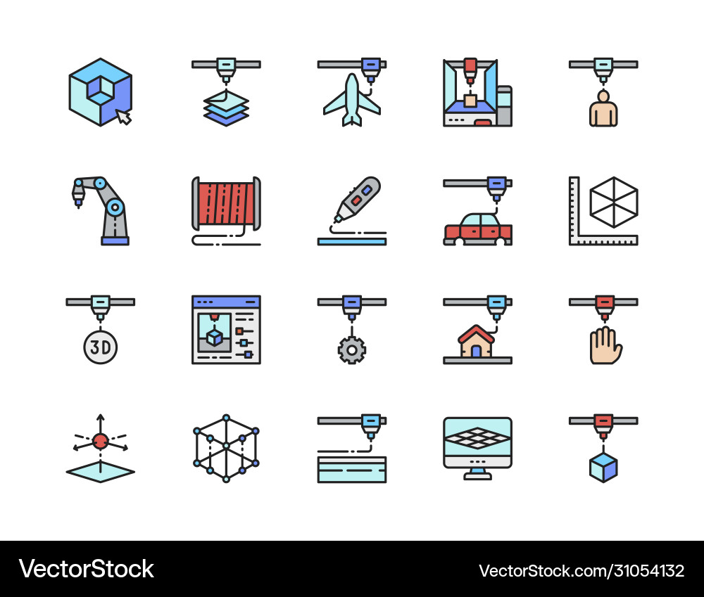 Set 3d printing color line icons modeling Set 3d printing color line icons modeling vector image