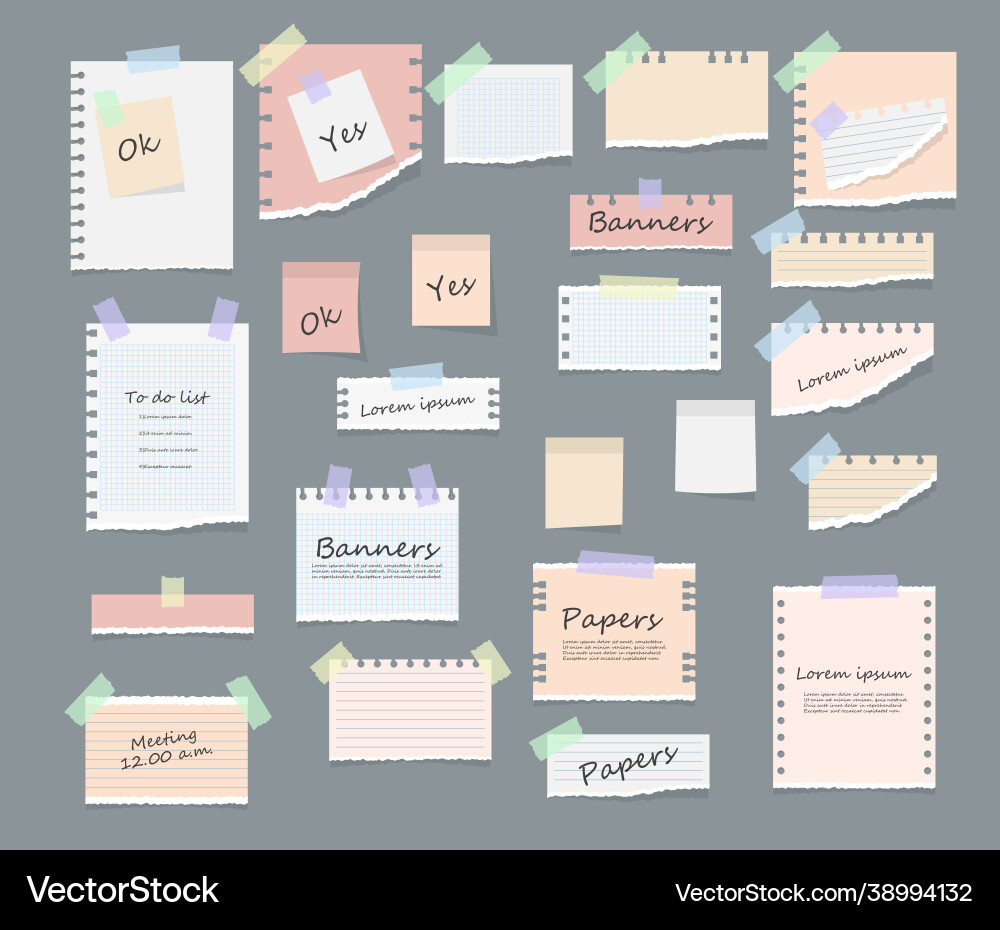 Sticky notes memo messages torn paper sheets Vector Image